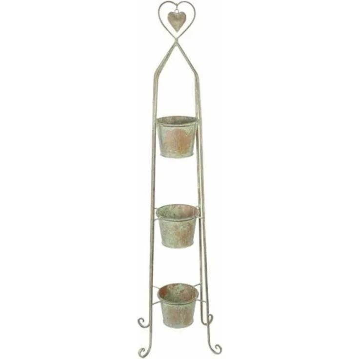 Blumenständer "Herz" 104 cm hoch, aus Metall im Antik Look, 3 Pflanztöpfe in Rost Optik, Blumentopfständer, Pflanzsäule, Pflanzenständer