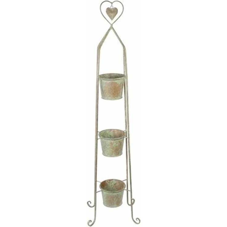 Blumenständer "Herz" 104 cm hoch, aus Metall im Antik Look, 3 Pflanztöpfe in Rost Optik, Blumentopfständer, Pflanzsäule, Pflanzenständer – Bild 1