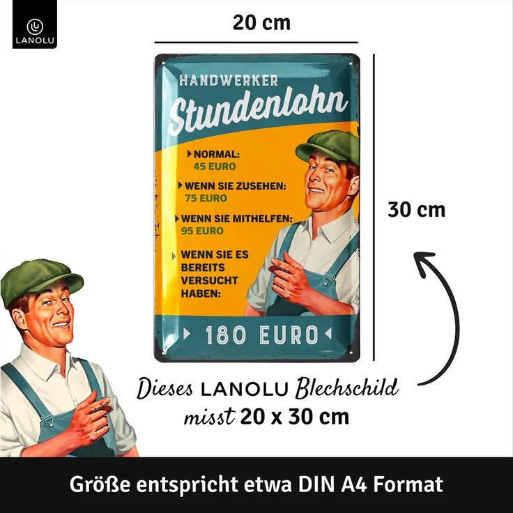 LANOLU Blechschild Handwerker Lohn - 20x30cm – Metall – Mehrfarbig – 20123 – Bild 5