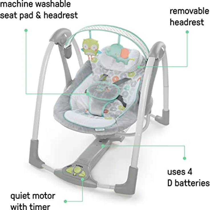 Ingenuity Hugs & Hoots zusammenklappbare & tragbare Babyschaukel, 5 Schaukelgeschwindigkeiten, 8 Melodien, 3 Naturgeräusche, Lautstärkeregulierung und abnehmbarem Spielzeugbügel, ab der Geburt bis 9kg – Bild 3