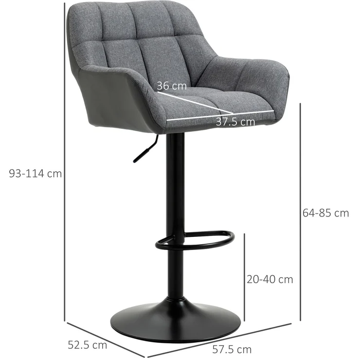Barhocker 2er-Set B 52,5 x T 57,5 x H 93–114 cm, höhenverstellbar, drehbar, graue Leinenoptik – Bild 4