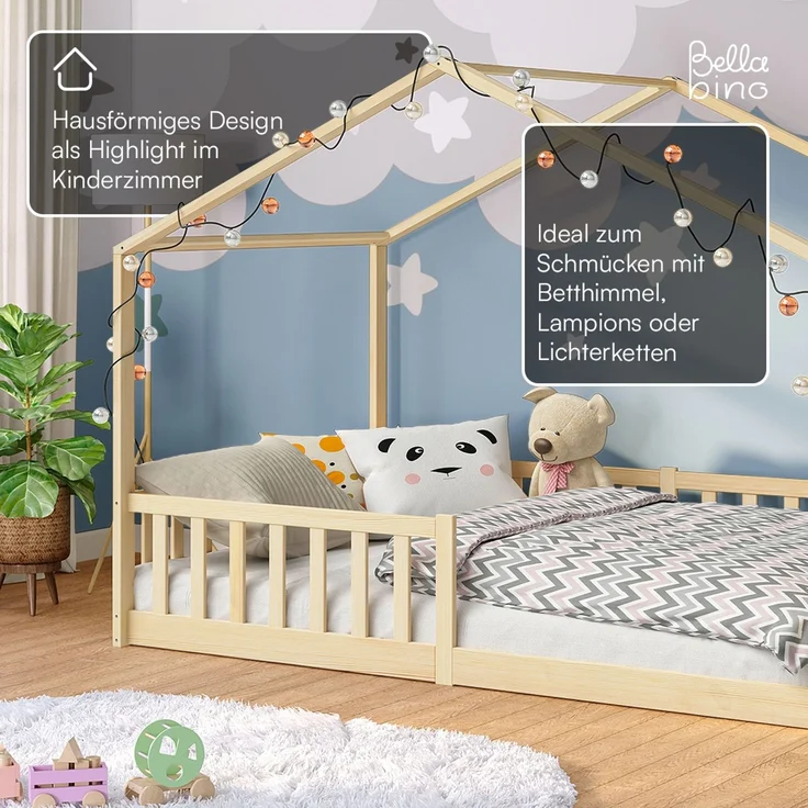 Bellabino 'Bia' Hausbett 120x200 cm, natur, Kiefer Massivholz, Bodenbett in Hausoptik, Montessori Kinderbett mit Rausfallschutz und Lattenrost – Bild 8