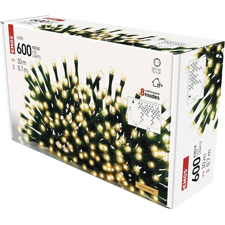 EMOS LED-Eisregen Lichterkette, 10m Weihnachtslichterkette + 5m Zuleitung, 600 LEDs, 8 Lichtmodi, Netzteil, IP44 für Innen und Außen, Warmweiß – Bild 7