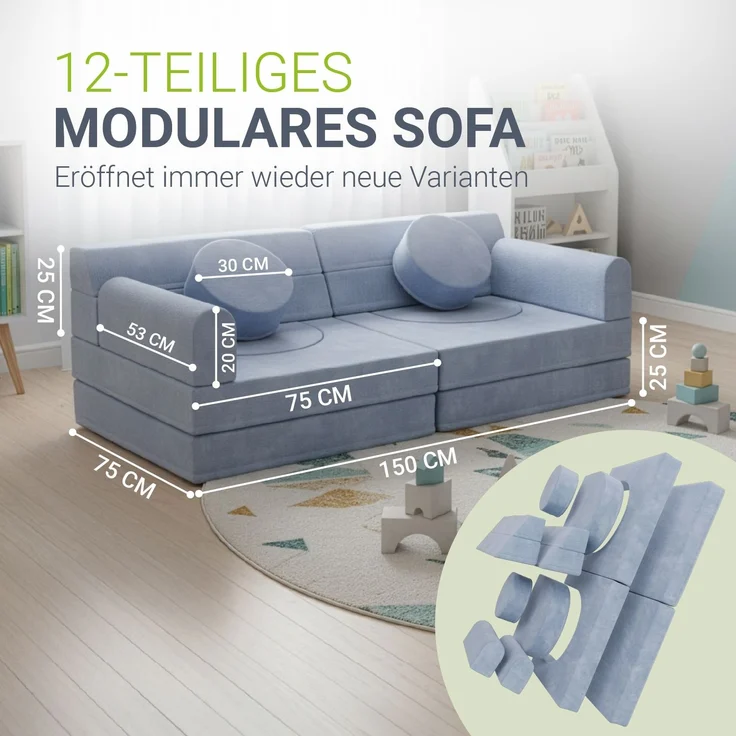 Juskys Kindersofa Kayo –Cord, modular & weich, Sofa für Kinderzimmer & Spielzimmer, sicher, flexibel, pflegeleicht, mit abnehmbaren Bezügen – Hellblau – Bild 5