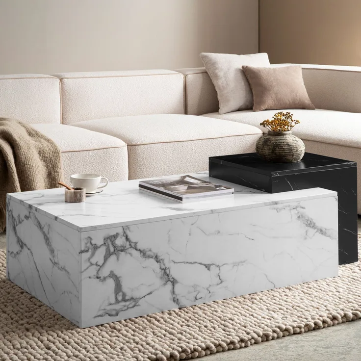 FINEBUY Couchtisch FB107240 Sofatisch Weiß 120 cm Marmor Optik Wohnzimmertisch Groß (Kaffeetisch Rechteckig, Sofatisch Weiß Modern), Wohnzimmertisch Marmor Optik, 120x60x40 cm MDF