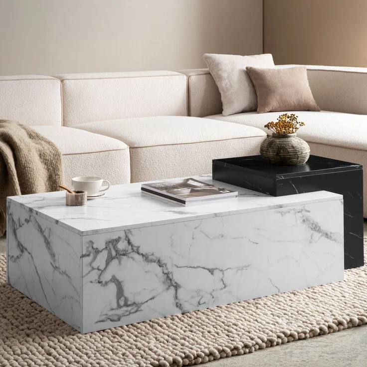 FINEBUY Couchtisch FB107240 Sofatisch Weiß 120 cm Marmor Optik Wohnzimmertisch Groß (Kaffeetisch Rechteckig, Sofatisch Weiß Modern), Wohnzimmertisch Marmor Optik, 120x60x40 cm MDF – Bild 1