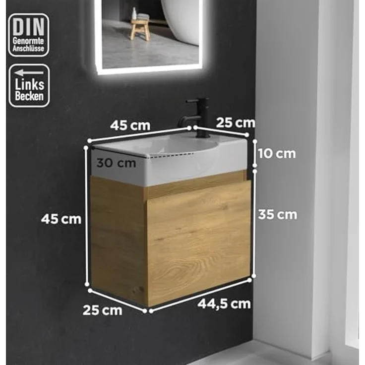 Alpenberger Badmöbel-Set - Gäste WC Waschbecken mit Unterschrank 45 cm Breit, (Badschrank 2-tlg, Waschtisch hängend), Waschbeckenunterschrank mit Softclose - Eiche Natur - Links Becken – Bild 7