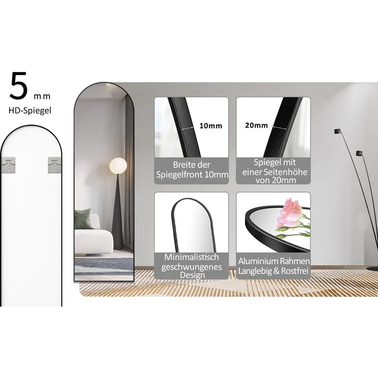 Hopibath Wandspiegel ganzkörper 160x50 150x50 140x40 (Bogenspiegel Ganzkörperspiegel Schwarz Weiß, 1-St, mit Alurahmen), für Wohnzimmer Schlafzimmer Garderobe Flur Friseurladen – Bild 3