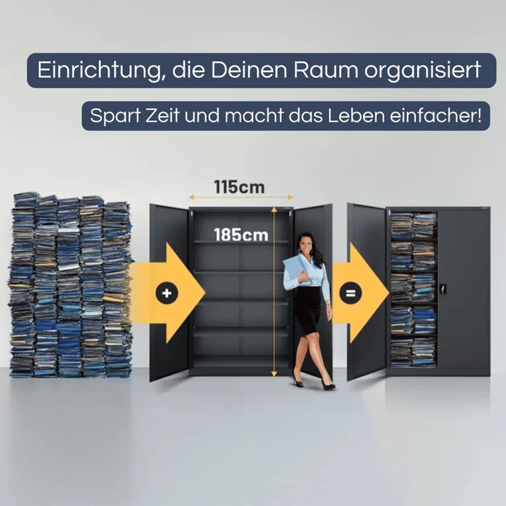 Aktenschrank abschließbar KADO - 5 Ebenen verstellbar, Flügeltüren | Metallschrank Werkstatt Mehrzweckschrank Büroschrank aus Stahl Werkzeugschrank, 185x115x40cm Anthrazit – Bild 3