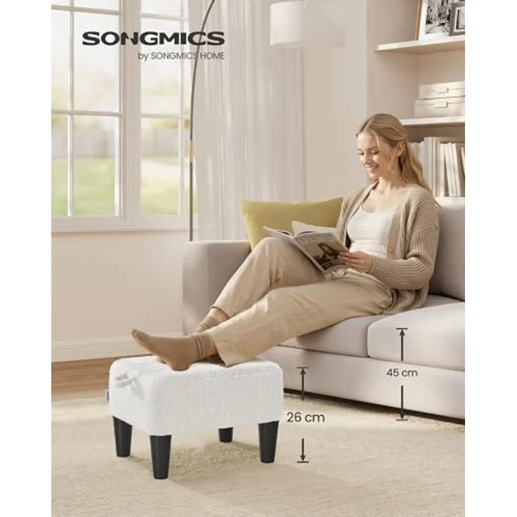 SONGMICS Fußhocker, Fleece, Hocker klein, Dicke Polsterung, bis 150 kg belastbar, für Wohnzimmer Schlafzimmer Eingangsbereich, cremeweiß-tintenschwarz LOM503WD01 – Bild 2