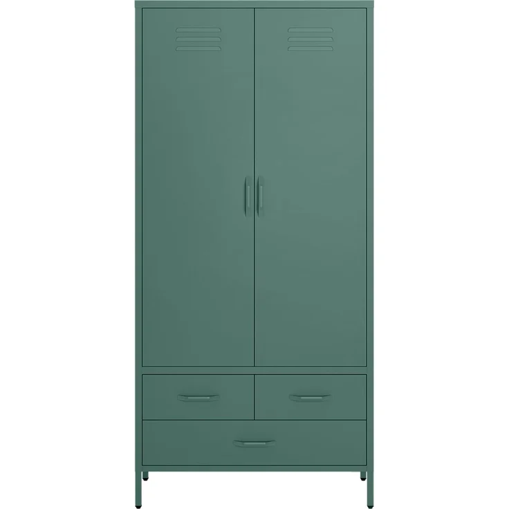 skølm 'Atria' Kleiderschrank mit 3 Schubladen, Metall, 170x45x80 cm, dunkelgrün, Garderobe mit 4 Fächern und 2 Kleiderstangen – Bild 10
