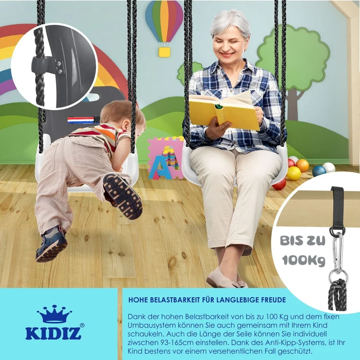 KIDIZ® Babyschaukel, Mitwachsend, mit Rückenlehne und Anschnallgurt, belastbar bis 100kg, Kunststoff Anthrazit, 33 x 24,3 x 35 cm – Bild 4