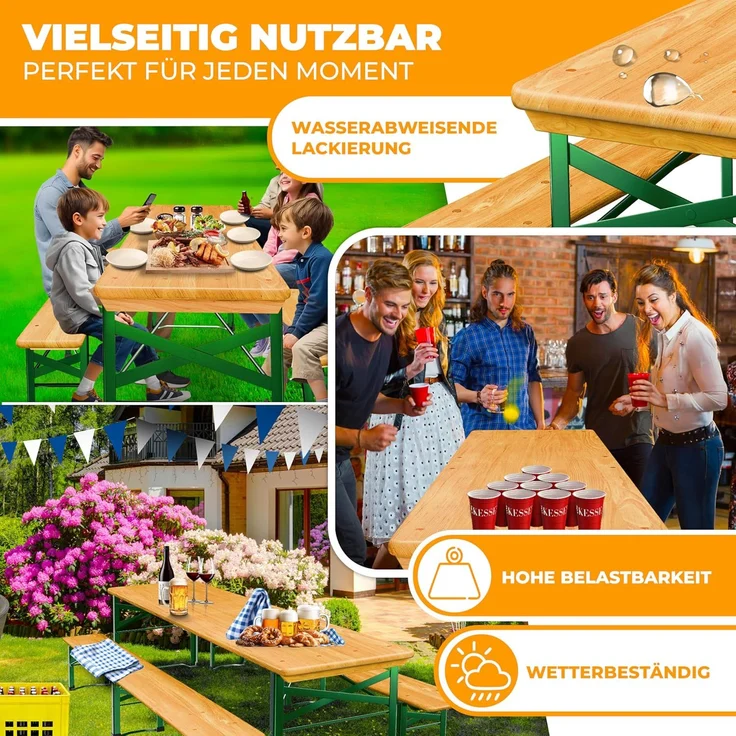 KESSER® Bierzeltgarnitur, 3 teilig, Klappbar, 2x Bierbänke 1x Biertisch 16-teiliges Bodenschoner-Set, Holz Natur, 220 x 50 x 77 cm – Bild 4
