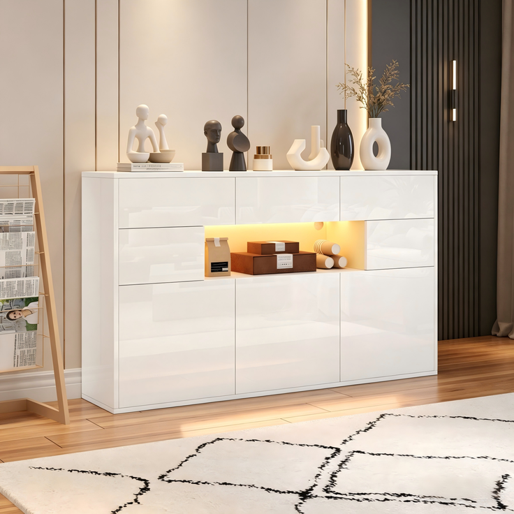 Merax 140*30*82cm Wohnzimmer-Sideboard, mit 3 Schubladen und 5 Schränken,Hochglanz-Kommode Mit LED-Lichtleiste,Schrank 140cm breit,MDF, weiß