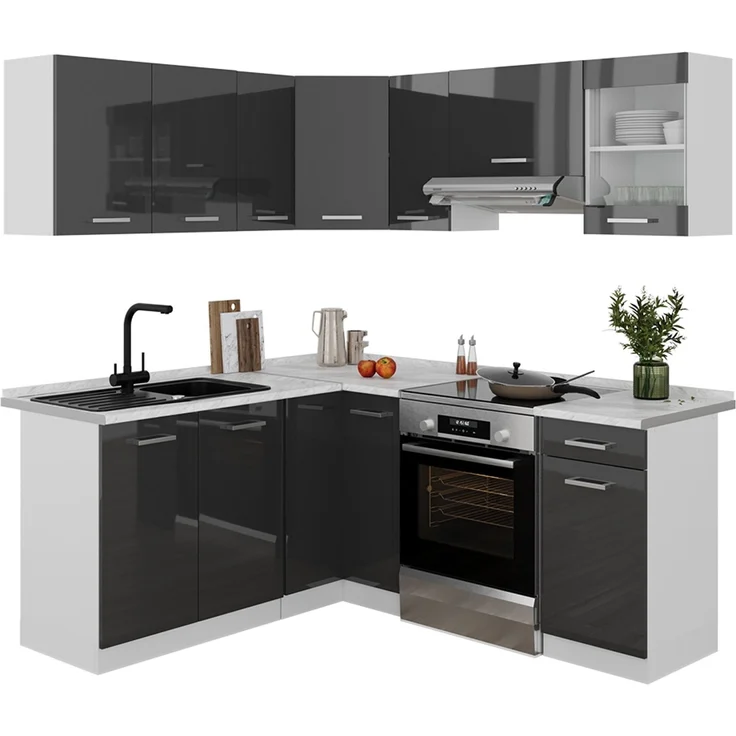 Eckküche R-Line Anthrazit Hochglanz/Weiß 187 x 167 cm, AP Marmor Vicco – Bild 5