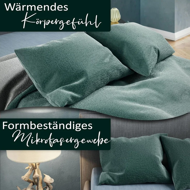 Moderne Plüschbettwäsche mit Reißverschluss - einfarbig, wendbar & warmhaltend Grün 200x220cm + 2x 80x80cm Kissenbezug – Bild 5