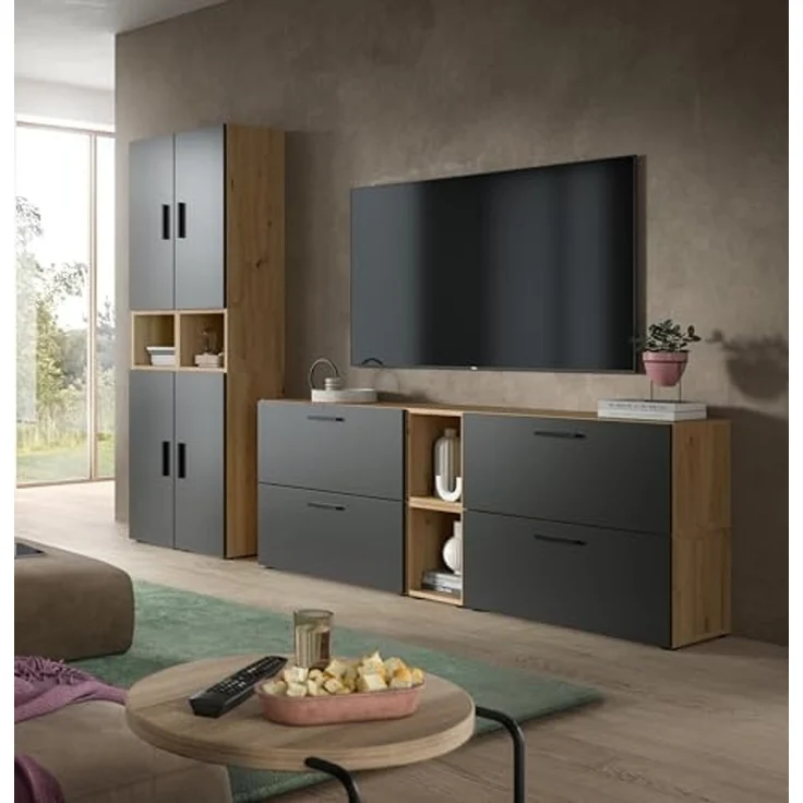 xonox. home – Wohnkombination The One 65x178x34 cm in Artisan Oak und Basalt – Schmale hohe Vitrine mit 4 Türen – 10 Fächer garantieren platzsparende Ordnung in einem markanten, dunklen Holzlook – Bild 6