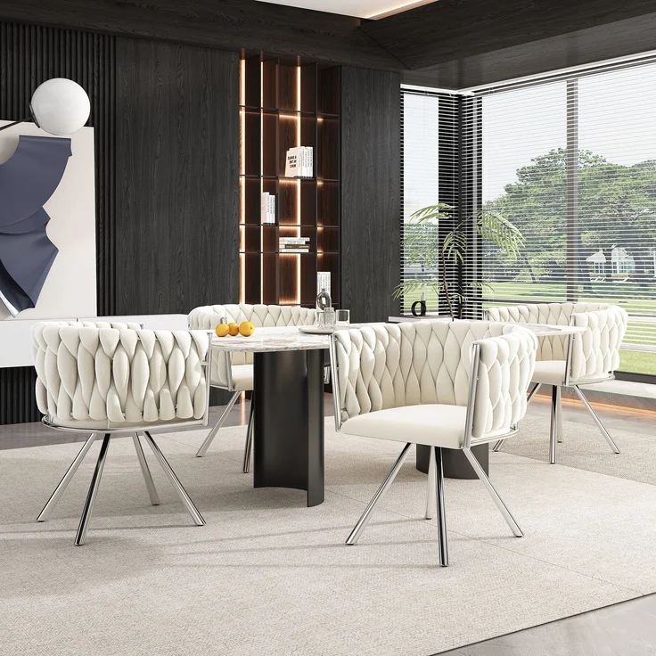 Merax Samt-Esszimmerstuhl, 2er set, Schlafzimmer-Drehstuhl, 360° drehbar Freizeit-Drehstuhl mit vier Stützbeinen aus Metall, beige+Silber – Bild 3