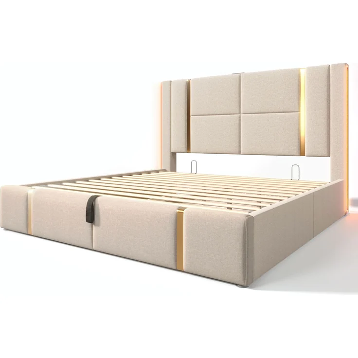 Polsterbett 140×200 cm aus Leinen-Stoff mit LED-Beleuchtung und USB-Ladebuchse, grau – Bild 5