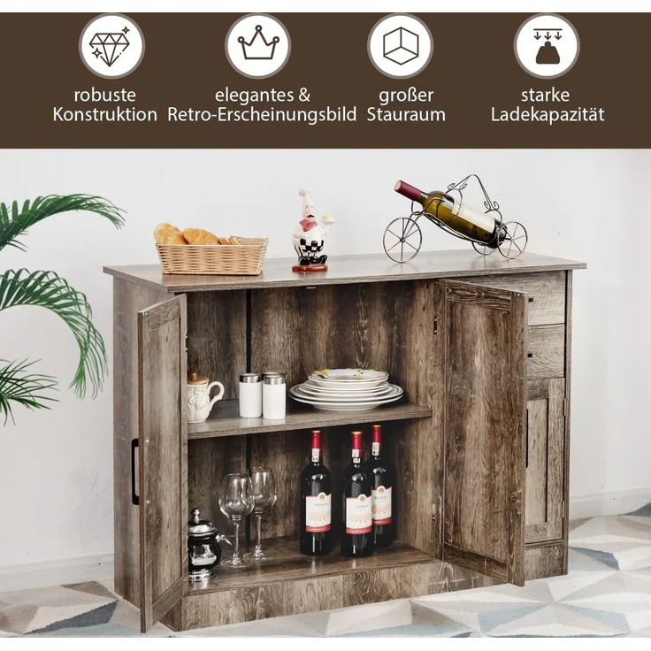 Freistehender Buffetschrank mit 2 Schubladen 3 Türen und 1 verstellbarem Regal Grau – Bild 5