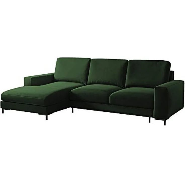 Selsey Mokpeo - Ecksofa mit Schlaffunktion, Bettkasten und schwarzen Füßen, 244 cm breit (Veloursbezug Flaschengrün, Ottomane Links)