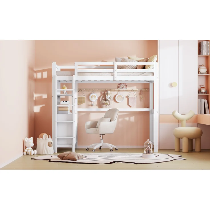 Weißes Hochbett 90x200 cm Mit 6 Schubladen Und Sicherheitsleiter Kinderhochbett Mit Aufbewahrungsschrank Massivkiefer Etagenbett Stauraum Lösung Sicherheitsbett Jugendzimmer Regal Unterbett – Bild 6