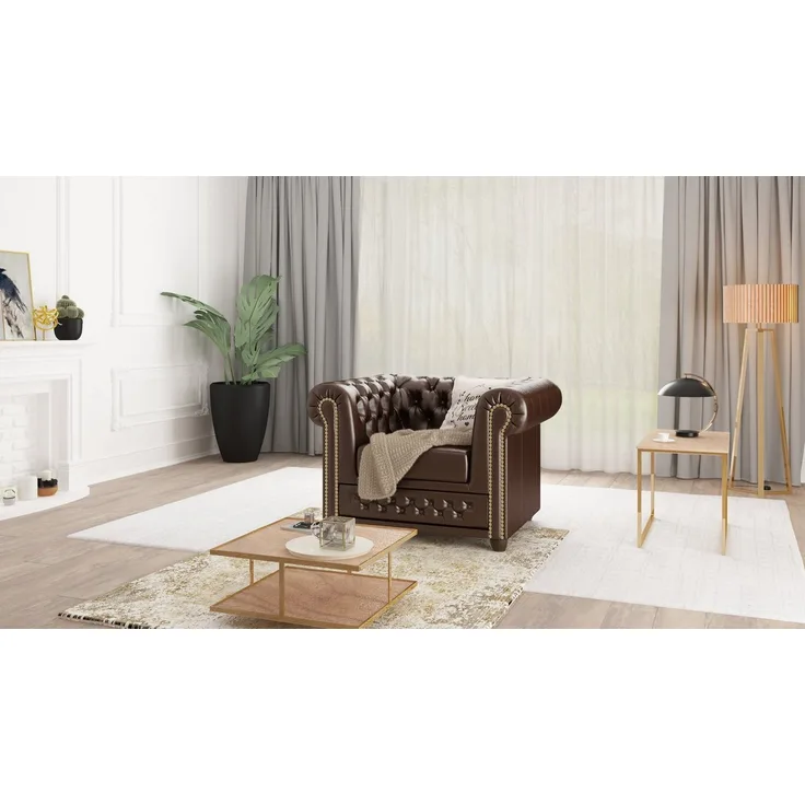 S-Style Möbel Chesterfield-Sessel Jeff aus veganem Leder mit Holzfüßen, mit Wellenfederung