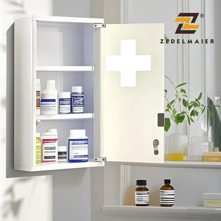 Zedelmaier Medizinschrank aus Edelstahl,Medikamenten Aufbewahrung,Medikamentenschrank 3 Fächer,Apothekerschrank,Hängend,48 x 27 x 12 cm,Weiß - 3 Fächer – Bild 5