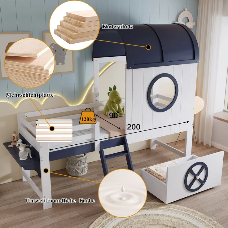 Halbhohes Kinderbett 90×200 cm mit Dach, Fenstern und Schublade, Weiß/Dunkelblau, ohne Matratze – Bild 8