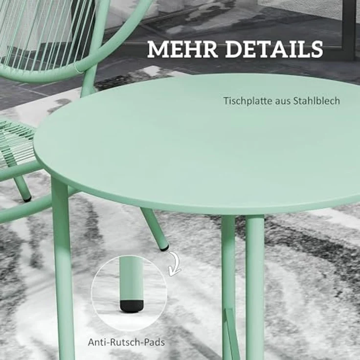 Outsunny Balkonset mit Bistrotisch, ergonomische muschelförmige Gartenstühlen, (3-teilig Gartenmöbel-Set, 3-tlg, Bistro-Set aus Stahl), für den Außenbereich, Balkon, Grün – Bild 6