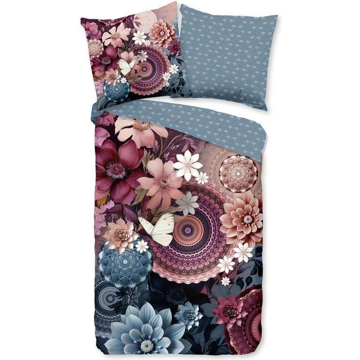 hip Satin Bettwäsche 135x200 Asher Mandala Blüten Schmetterling aubergine blau 33138 – Bild 5