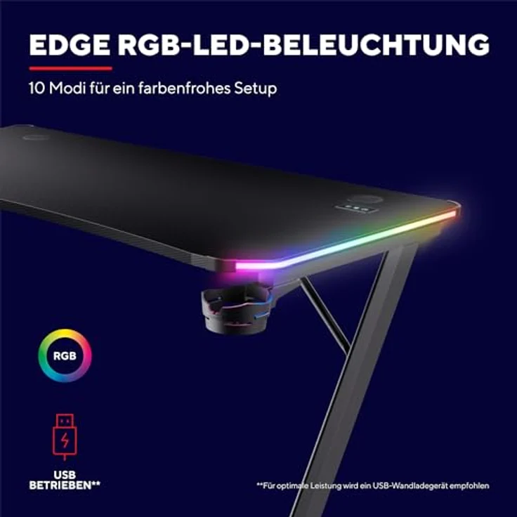Trust Gaming GXT 709 Luminus RGB Gaming Tisch mit LED Beleuchtung, 10 Modi, USB-Betrieb, Gaming Schreibtisch mit Headset und Getränkehalter, Computertisch 120x60 für Büro, Gamer - Schwarz – Bild 5