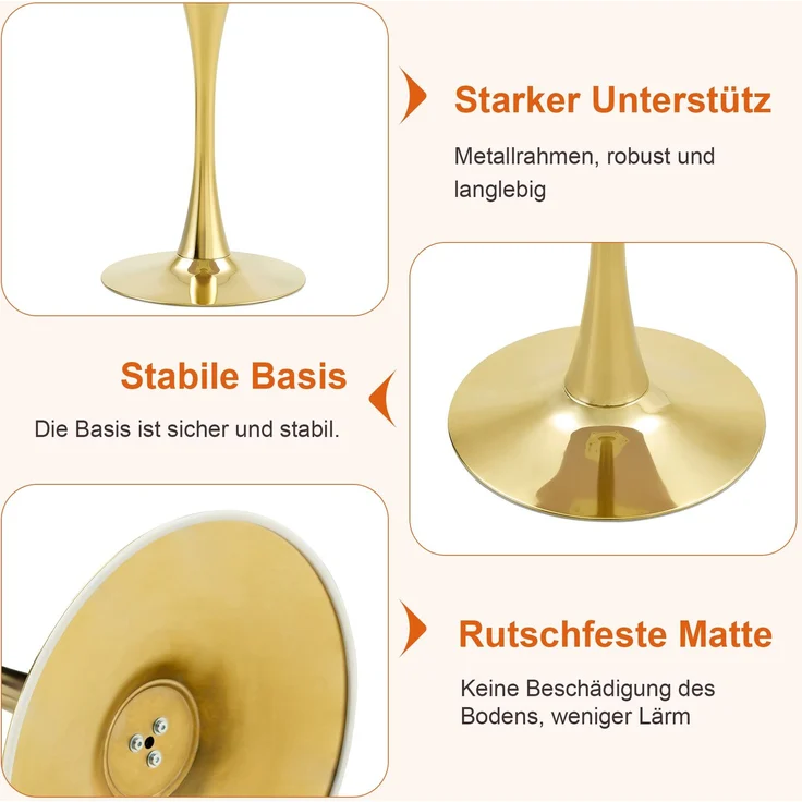 Esstischgruppe rund 60 cm aus MDF mit 2 Stühlen, goldfarbenem Metallgestell und PU-Leder in Schwarz – Bild 10