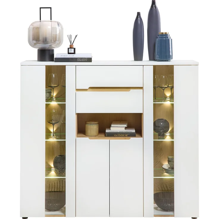 Highboard MEMPHIS Weiß mit Artisan Eiche Nachbildung und LED