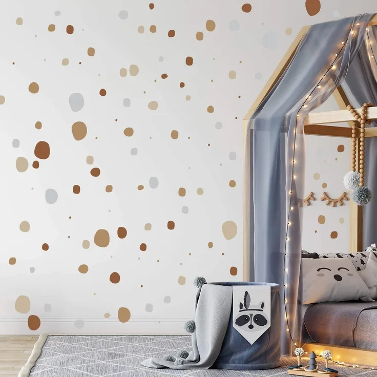 WANDKIND TUPFEN DOTS Wandtattoo 128 Stück | rund & handgezeichnet Punkte | Konfetti AUFKLEBER Kindergarten | unregelmäßige Punkte Wandsticker Kinderzimmer VIERFARBIG (BROWNIE)