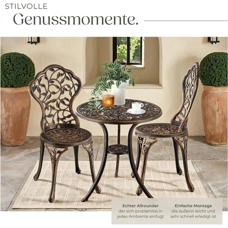 tectake Essgruppe Bistrotisch-Set Lyon für 2 Personen, wetterfestes Aluminium, (Set, 3-tlg), Absolute Standsicherheit dank höhenverstellbarer Kunststofffüße – Bild 4