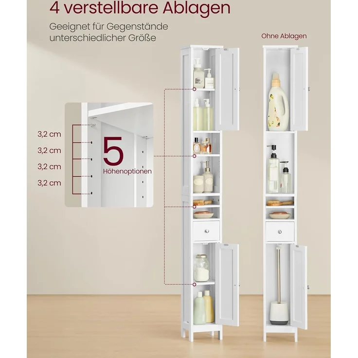 VASAGLE Badezimmerschrank, Badschrank, hoch, schmaler Aufbewahrungsschrank, mit verstellbaren Ablagen, Schublade, offenen Fächern, für kleine Räume, modern – Bild 5