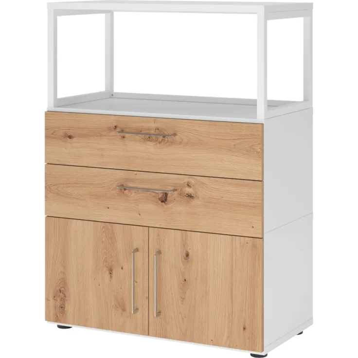 bümö flexi Schrank mit Flügeltüren, Regal & 2 Schubladen in Weiß/Asteiche, Büroschrank mit werkzeuglosem Schnellmontage-Klicksysten in modularer Bauweise, FW38K1RG-W-R-BS