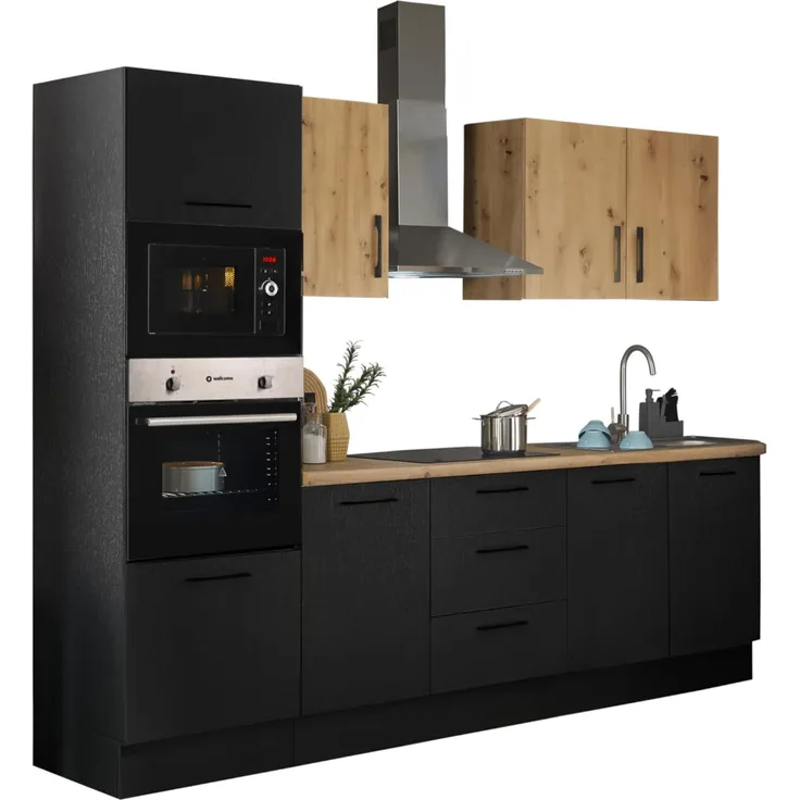 Stella Trading Turin ZBM Küchenzeile 270 x 211 x 60 cm, schwarz - Ohne Küchengeräte - Moderne, geräumige Küche in Artisan-Eiche Optik mit viel Stauraum