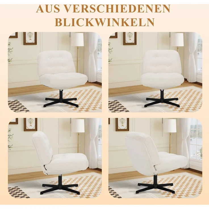 COLAMY Ergonomischer Bürostuhl Ohne Rollen, Schneidersitz Stuhl, Criss Cross Chair, 360° Drehbar Lehnstühle Lounge, Schminktisch Stuhl für Home Office, Weiß – Bild 10