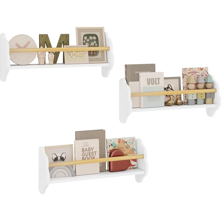 WOLTU 3er Set Kinder Bücherregal Wandregal, Kinderzimmerregal, Kinderregal für Buchaufbewahrung, aus Kiefernholz MDF, für Kinderzimmer Spielzimmer, Weiß
