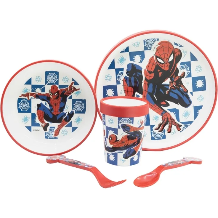 Spiderman Kindergeschirr Set 5 teilig für Mikrowellen mit Anti- Rutsch