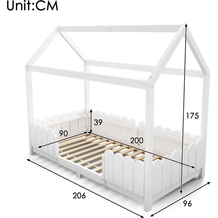 Bett 90x200 cm Hausbett mit Dach und Rausfallschutz – weißes Kinderhaus aus Kiefernholz mit Lattenrost – Bild 10