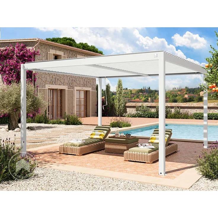 PRIMEYARD Pergola 4x4 m Aluminium-Pfosten mit Lamellendach aus Stahl weiße Terrassenüberdachung – Bild 2