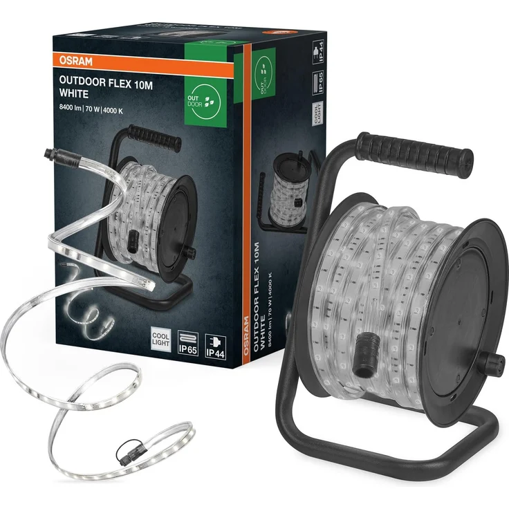 Osram Outdoor Flex LED Streifen 10M IP65, kaltweiß, bis 50 m erweiterbar, inkl. Kabeltrommel, Montagezubehör, Anschlusskabel