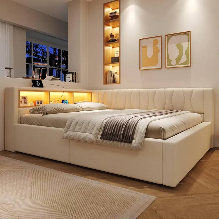 Schlafsofa mit LED-Streifen, Lattenrost, Regal, Rückenlehne, Aufbewahrung, Type-C und USB, 140x200 cm, Polsterbett, Stauraumbett, Tagesbett, Leinen – Bild 3