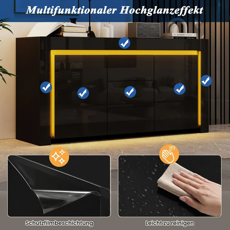 Merax 140*40*65cm Wohnzimmerschrank, Kommode mit 3 Schubladen, 2 Türen, Breite 140 cm, Hochglanz Beistellschrank mit LED-Lichtleiste, Sideboard mit Stauraum, Schwarz – Bild 6