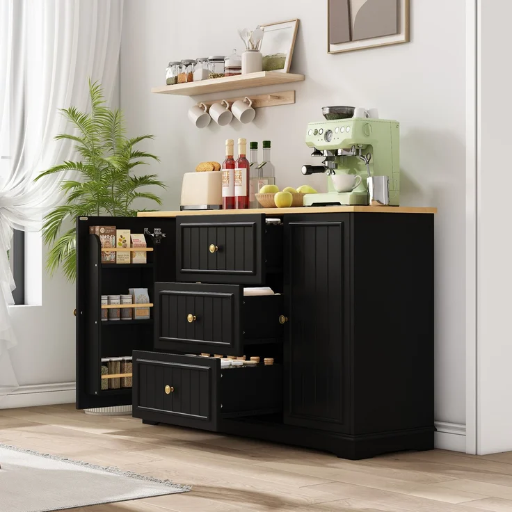 Sideboard 126x40x86 cm in Schwarz mit 3 Schubladen und verstellbaren Einlegeböden – Bild 4