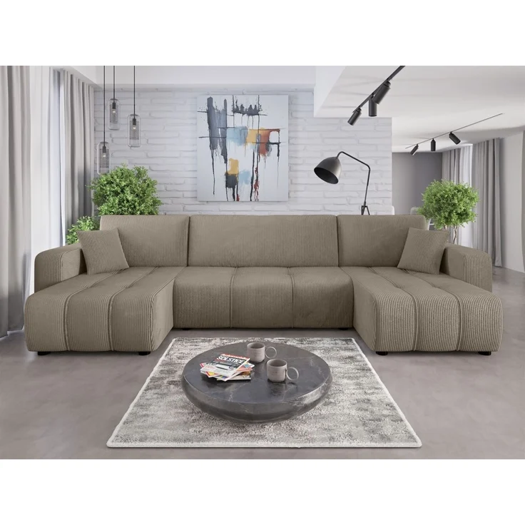 Wohnlandschaft mit Schlaffunktion DAGNY Sofa U-Form in Stoff Poso Hellbraun – Bild 1