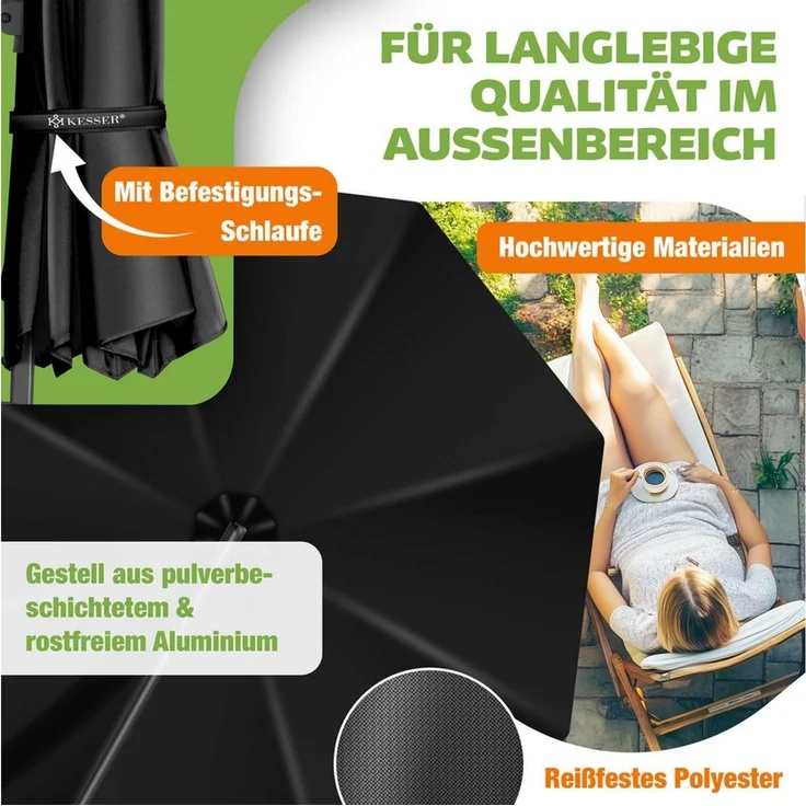 KESSER® Sonnenschirm Ampelschirm Sun Rund XL, Schwarz, Ohne LED – Bild 3